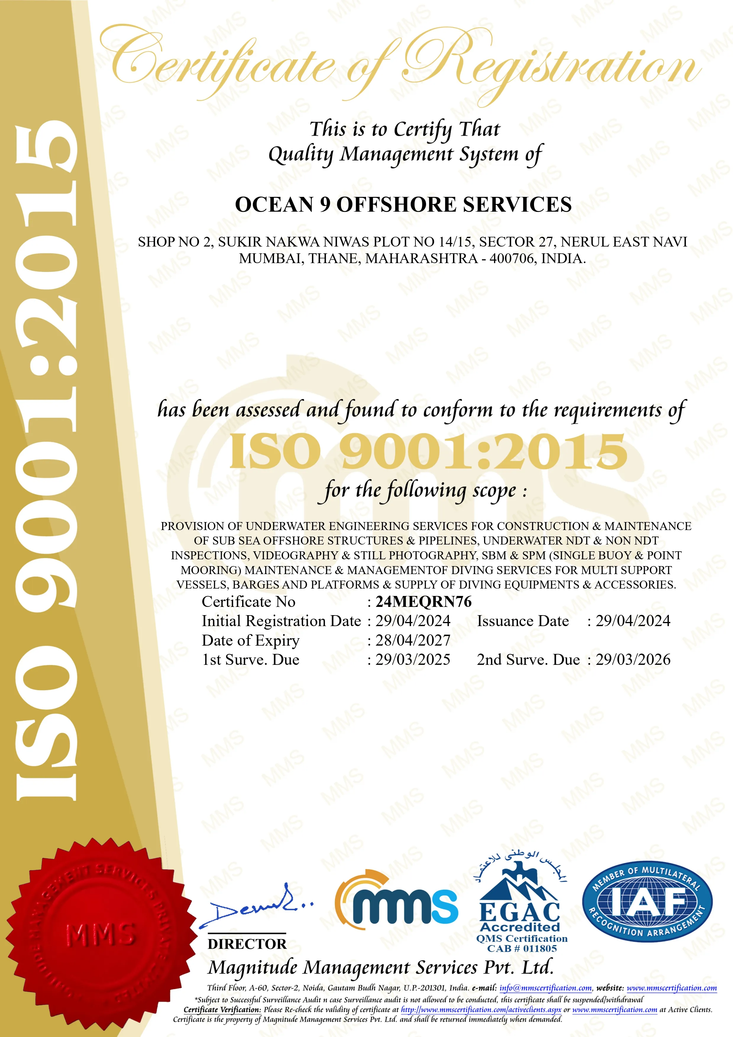 ISO 9001:2015 Certificate Ocean 9 Offshore Services